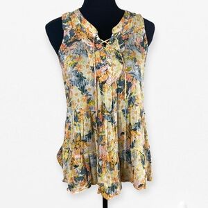 Anthropologie Floreat Anafa Tiered Tank Lace-Up Blouse Yellow Orange Floral 8